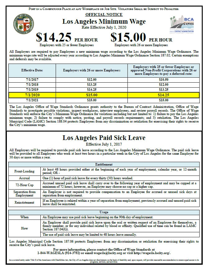 California Los Angeles Minimum Wage and Paid Sick Leave Federal Wage